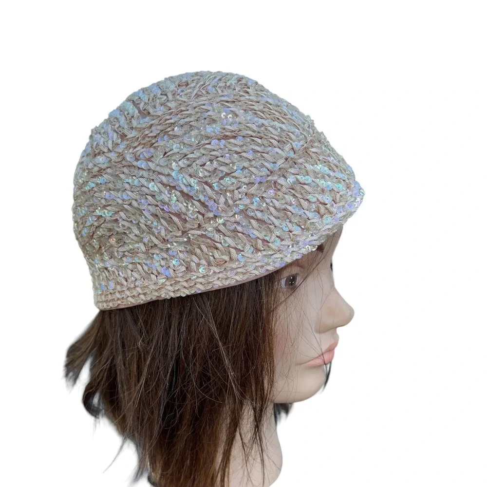Vintage Style Pink Sequin Cloche Hat Iridescent Beaded Cocktail Skull Cap